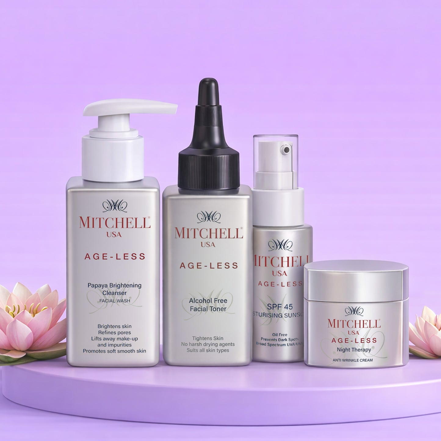Mitchell USA Age-Less Daily Defense Skincare Set | Cleanser, Toner, SPF 45 Sunscreen & Night Cream