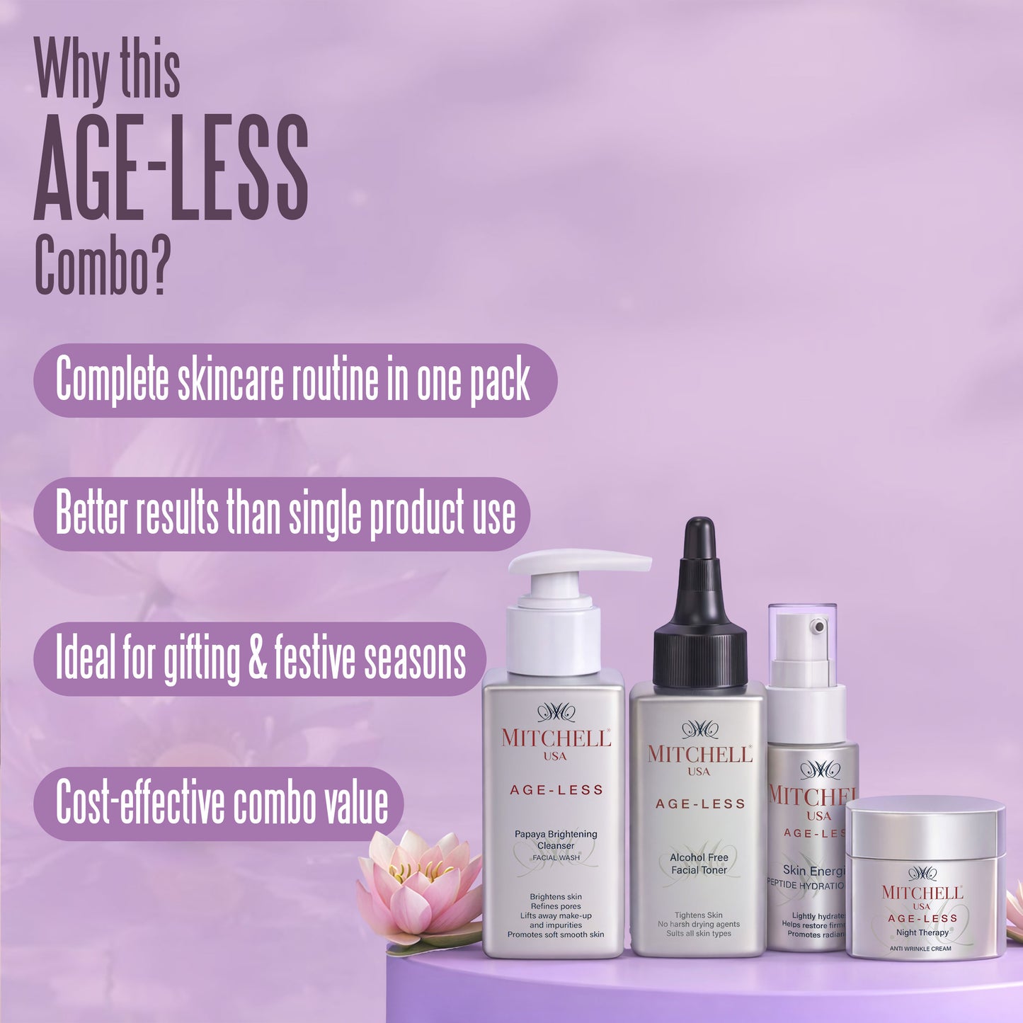Mitchell USA Age-Less Complete Skincare Set | Cleanser, Toner, Serum & Night Cream