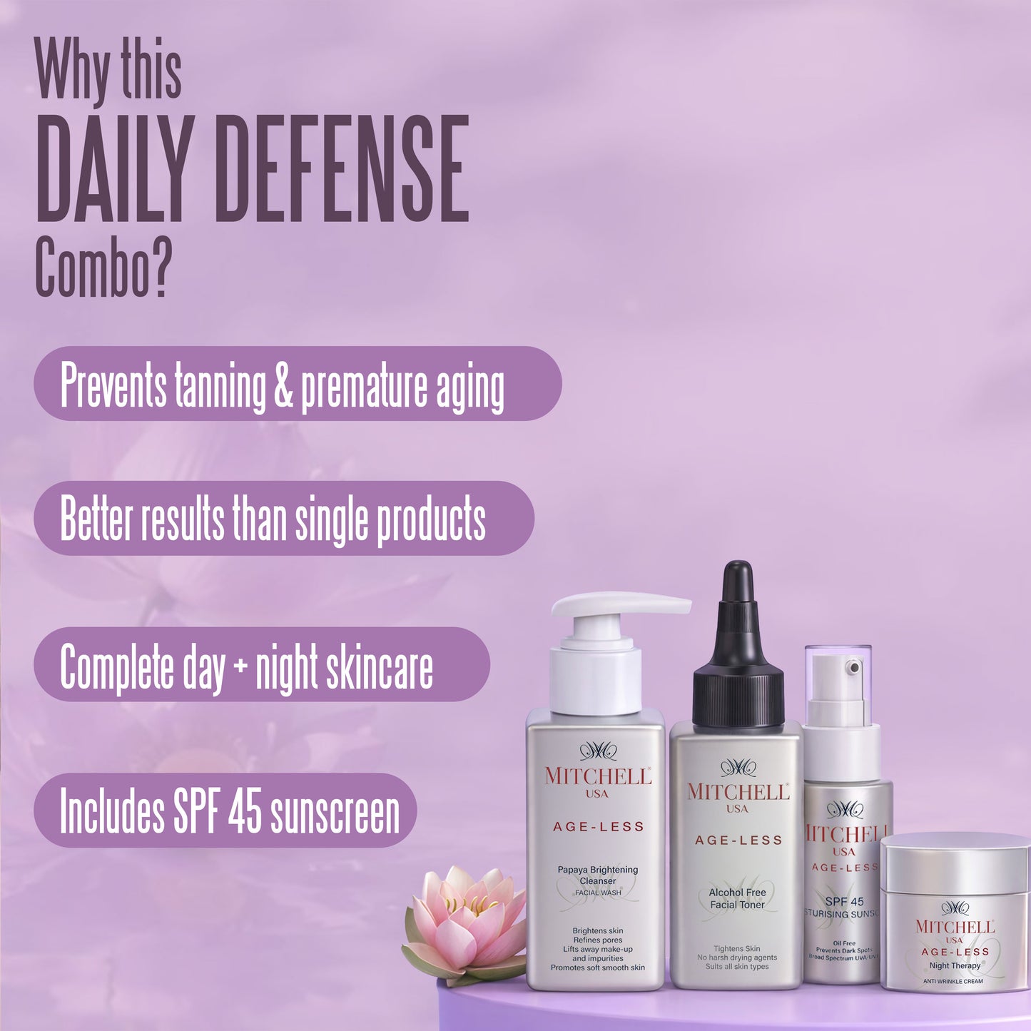 Mitchell USA Age-Less Daily Defense Skincare Set | Cleanser, Toner, SPF 45 Sunscreen & Night Cream